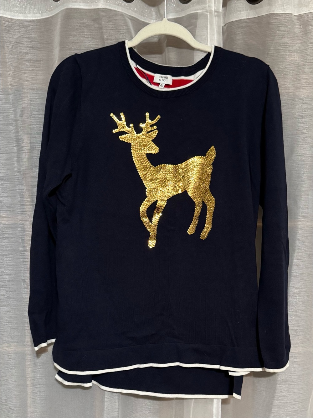 crown & ivy Navy and Gold Sequin Reindeer Sweatshirt